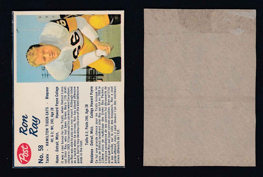 1962 CFL POST FOOTBALL CARD #58 R. RAY photo 1962 CFL POST FOOTBALL CARD #58 R. RAY photo
