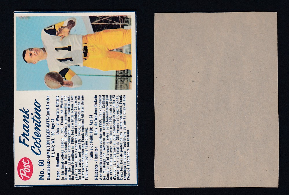 1962 CFL POST FOOTBALL CARD #60 F. COSENTINO photo 1962 CFL POST FOOTBALL CARD #60 F. COSENTINO photo
