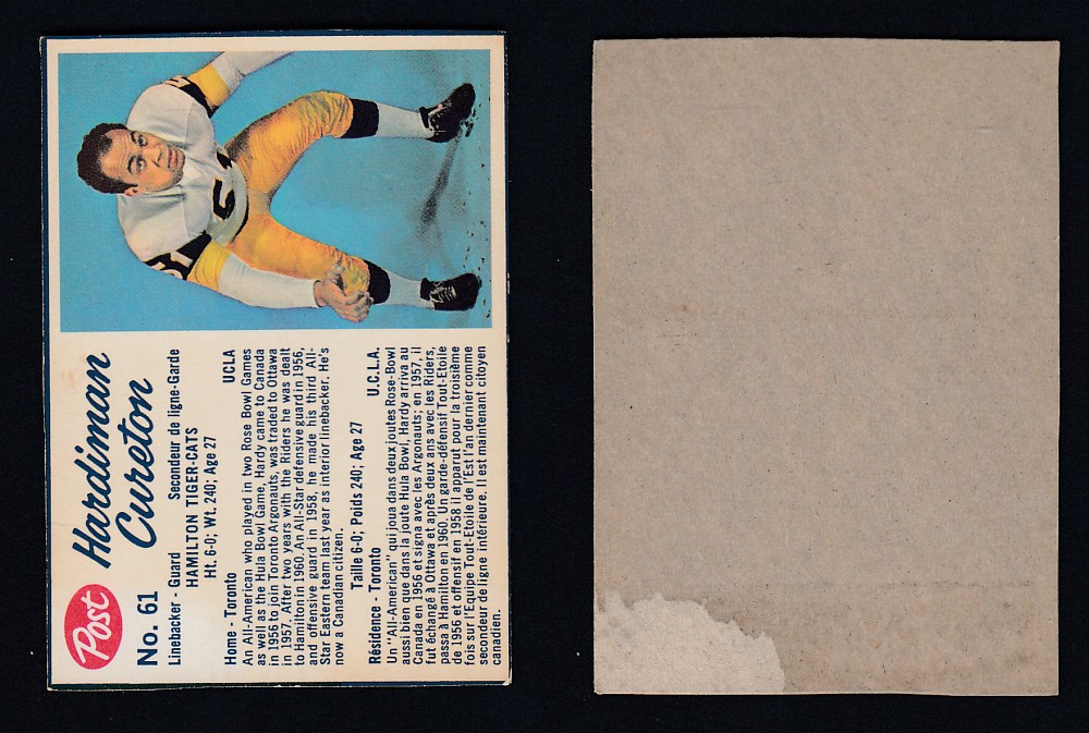 1962 CFL POST FOOTBALL CARD #61 H. CURETON photo 1962 CFL POST FOOTBALL CARD #61 H. CURETON photo