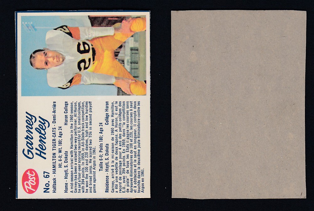 1962 CFL POST FOOTBALL CARD #67 G. HENLEY photo 1962 CFL POST FOOTBALL CARD #67 G. HENLEY photo