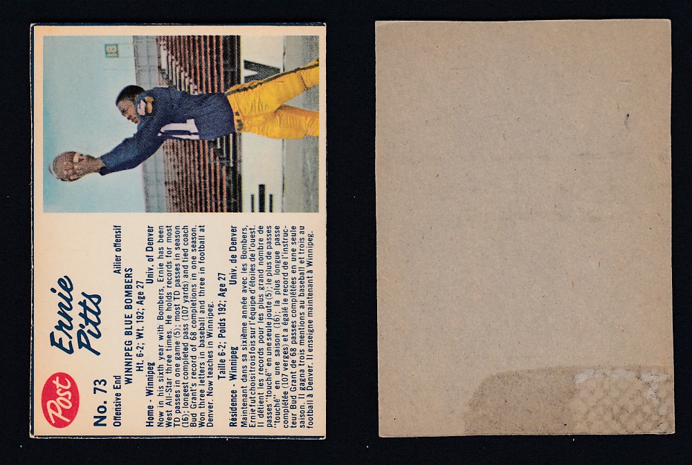 1962 CFL POST FOOTBALL CARD #73 E. PITTS photo 1962 CFL POST FOOTBALL CARD #73 E. PITTS photo