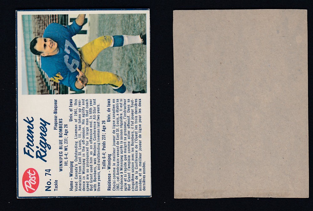 1962 CFL POST FOOTBALL CARD #74 F. RIGNEY photo 1962 CFL POST FOOTBALL CARD #74 F. RIGNEY photo