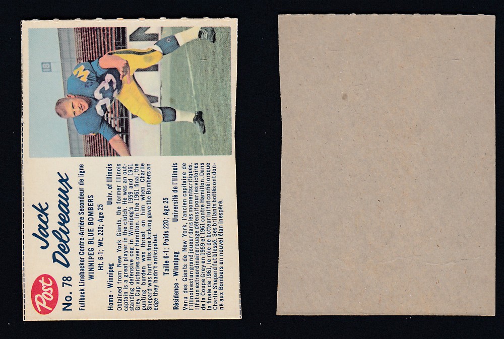 1962 CFL POST FOOTBALL CARD #78 J. DELVEAUX photo 1962 CFL POST FOOTBALL CARD #78 J. DELVEAUX photo