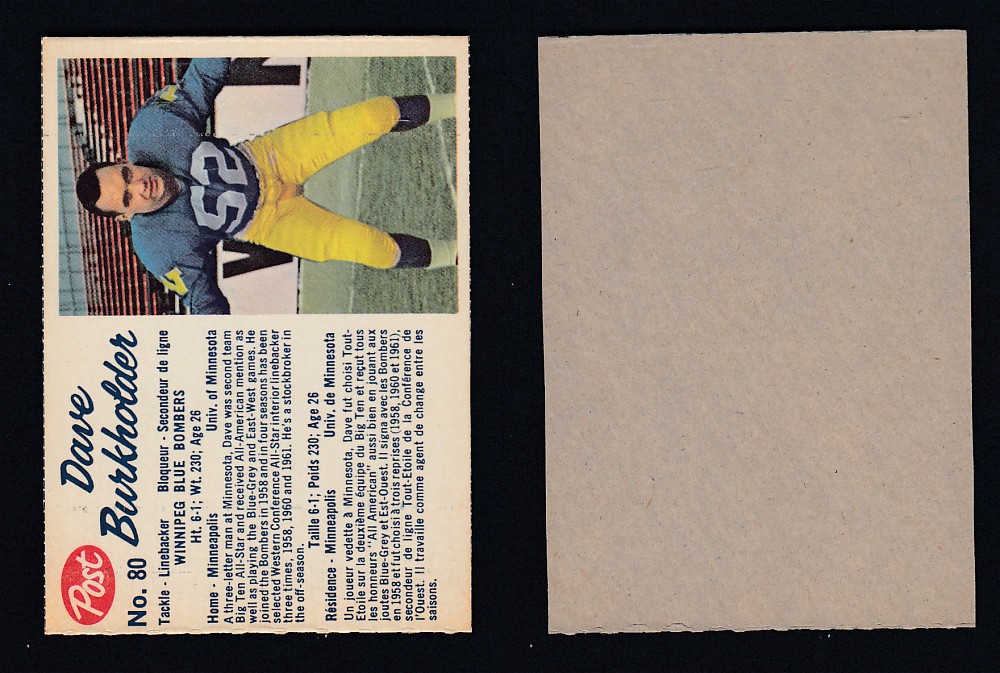 1962 CFL POST FOOTBALL CARD #80 D. BURKHOLDER photo 1962 CFL POST FOOTBALL CARD #80 D. BURKHOLDER photo