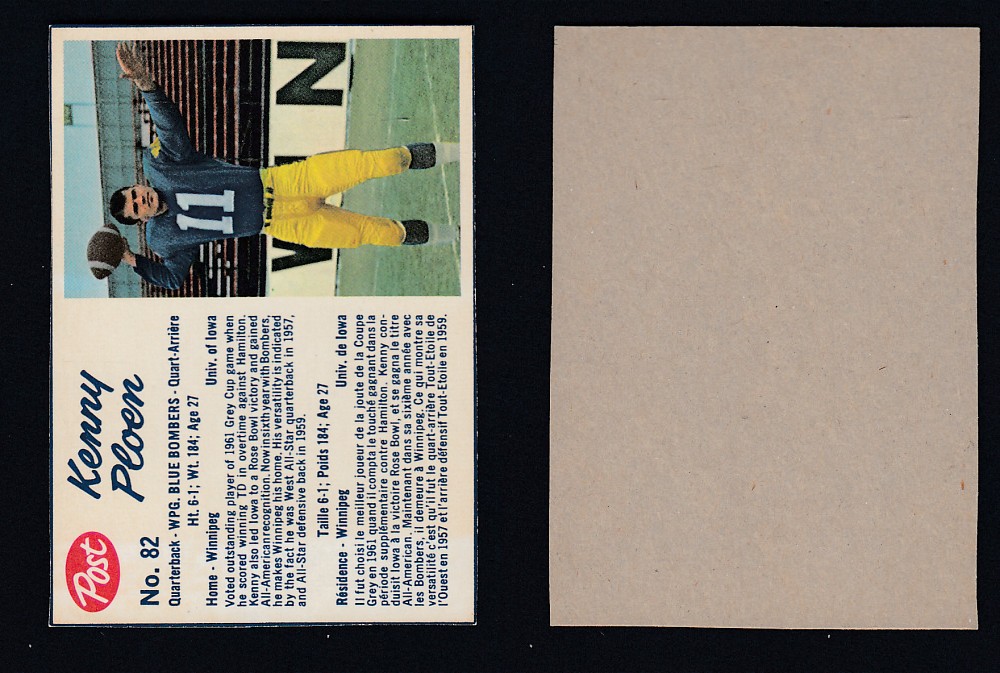 1962 CFL POST FOOTBALL CARD #82 K. PLOEN photo 1962 CFL POST FOOTBALL CARD #82 K. PLOEN photo