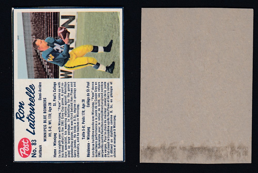 1962 CFL POST FOOTBALL CARD #83 R. LATOURELLE photo 1962 CFL POST FOOTBALL CARD #83 R. LATOURELLE photo