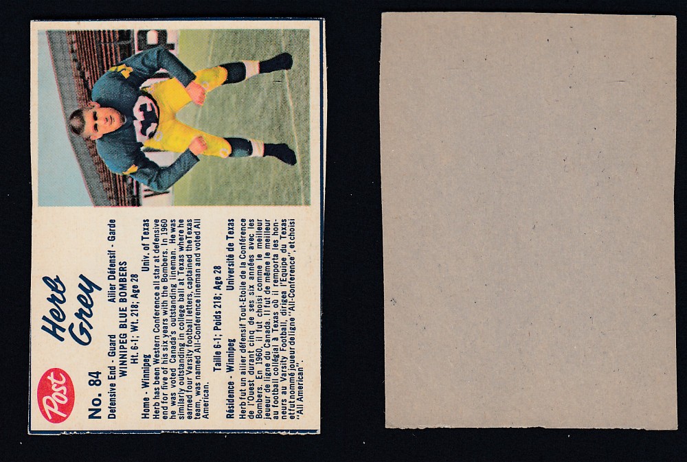 1962 CFL POST FOOTBALL CARD #84 H. GREY photo 1962 CFL POST FOOTBALL CARD #84 H. GREY photo