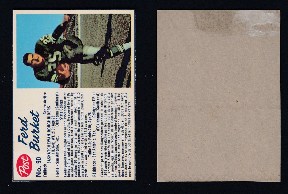 1962 CFL POST FOOTBALL CARD #90 F. BURKET photo 1962 CFL POST FOOTBALL CARD #90 F. BURKET photo