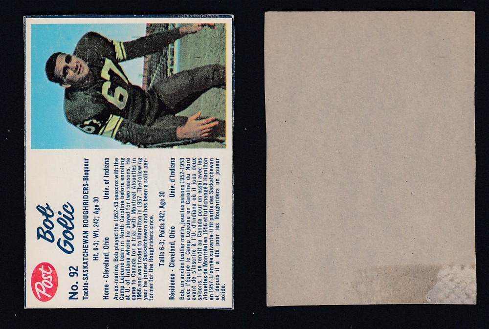 1962 CFL POST FOOTBALL CARD #92 B. GOLIC photo 1962 CFL POST FOOTBALL CARD #92 B. GOLIC photo