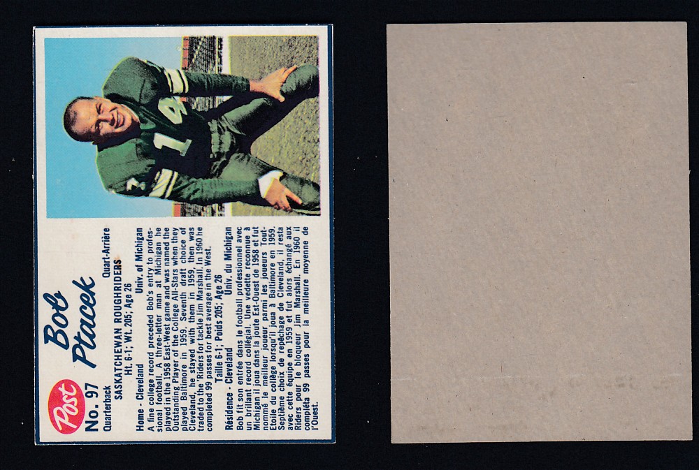 1962 CFL POST FOOTBALL CARD #97 B. PTACEK photo 1962 CFL POST FOOTBALL CARD #97 B. PTACEK photo