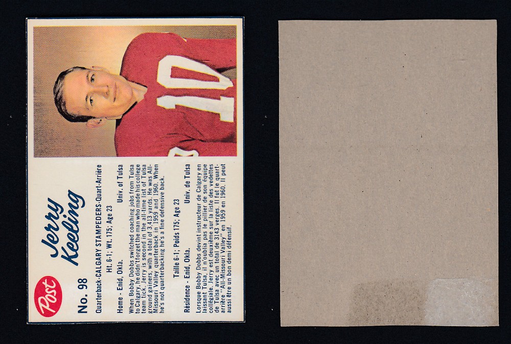 1962 CFL POST FOOTBALL CARD #98 J. KEELING photo 1962 CFL POST FOOTBALL CARD #98 J. KEELING photo