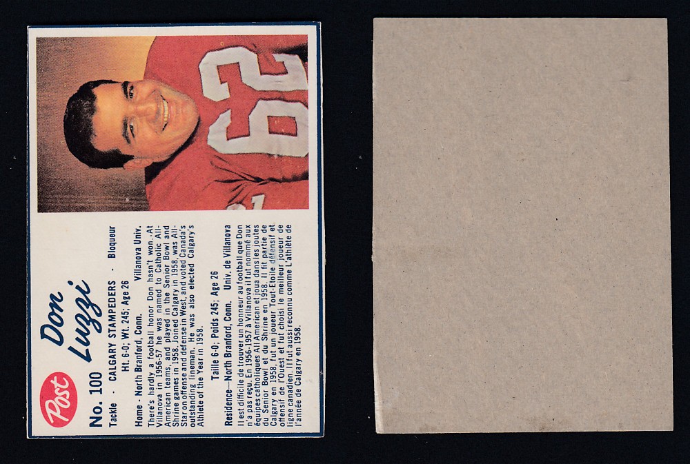 1962 CFL POST FOOTBALL CARD #100 D. LUZZI photo 1962 CFL POST FOOTBALL CARD #100 D. LUZZI photo