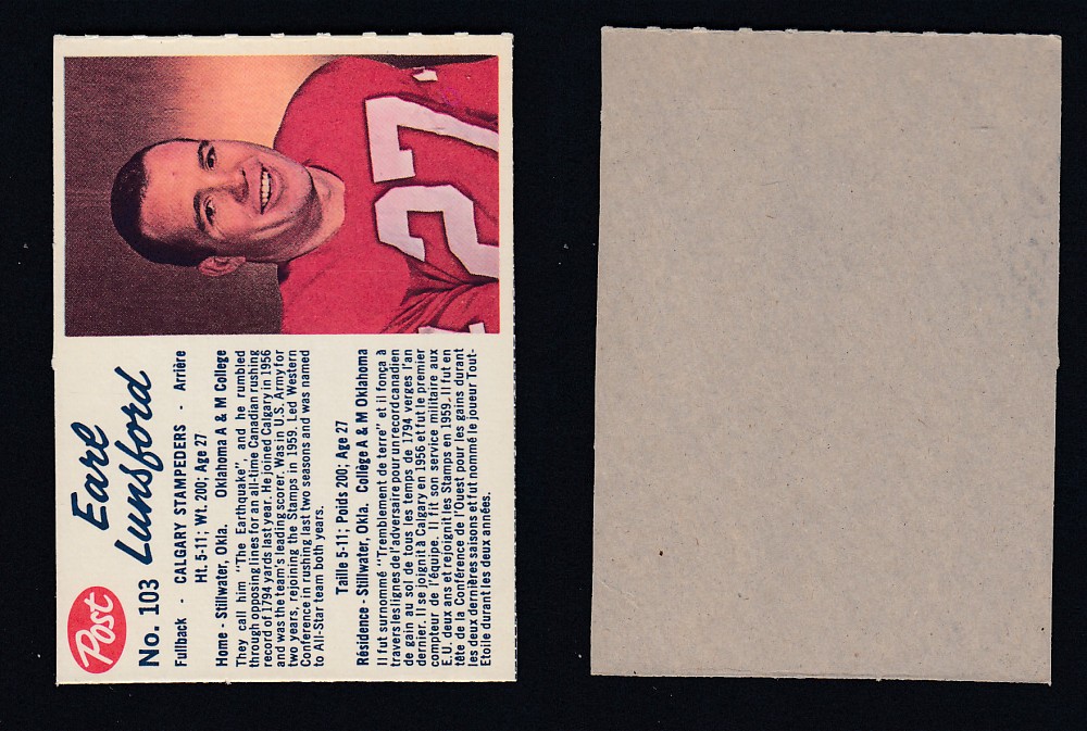 1962 CFL POST FOOTBALL CARD #103 E. LUNSFORD photo 1962 CFL POST FOOTBALL CARD #103 E. LUNSFORD photo