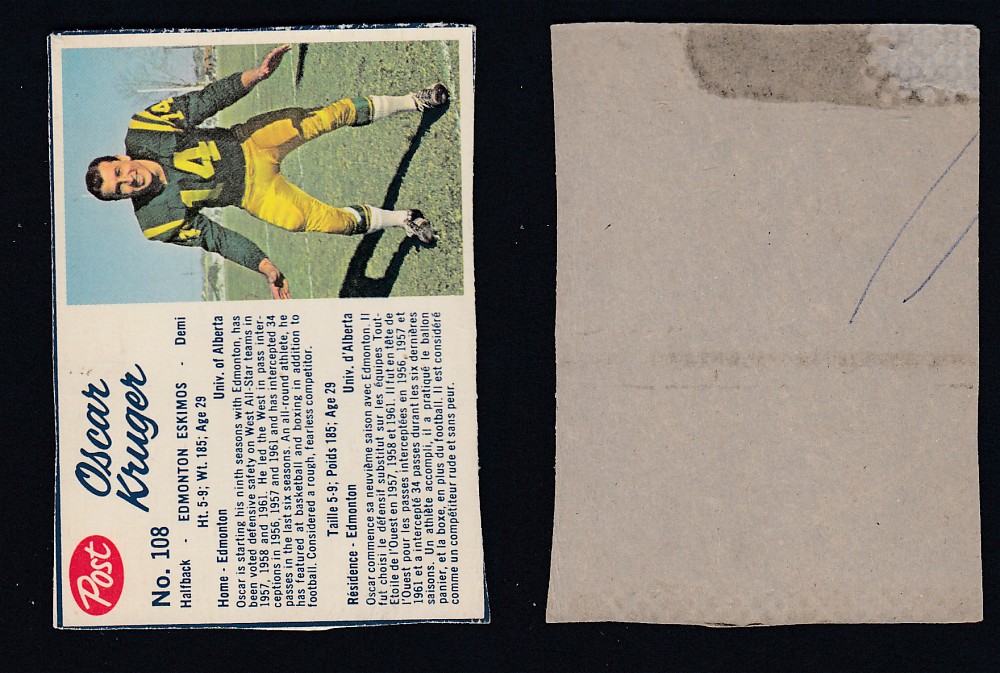 1962 CFL POST FOOTBALL CARD #108 O. KRUGER photo 1962 CFL POST FOOTBALL CARD #108 O. KRUGER photo