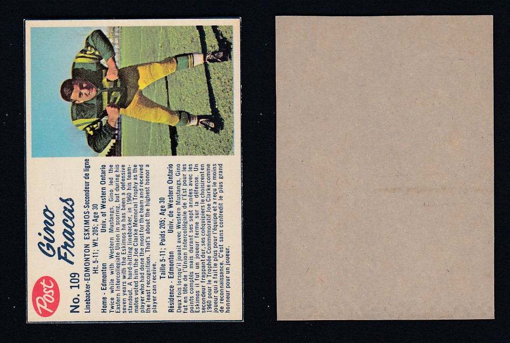 1962 CFL POST FOOTBALL CARD #109 G. FRACAS photo