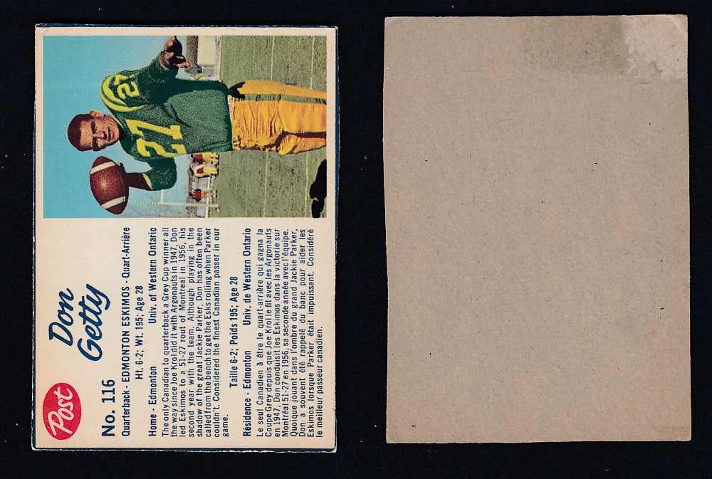 1962 CFL POST FOOTBALL CARD #116 D. GETTY photo 1962 CFL POST FOOTBALL CARD #116 D. GETTY photo