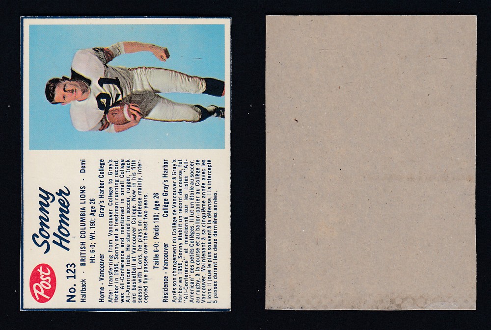 1962 CFL POST FOOTBALL CARD #123 S. HOMER photo 1962 CFL POST FOOTBALL CARD #123 S. HOMER photo