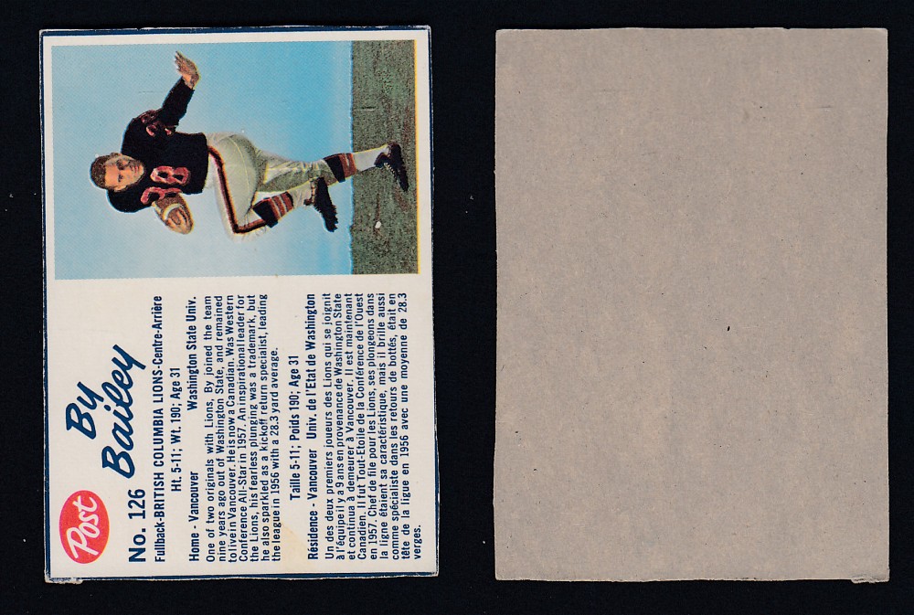 1962 CFL POST FOOTBALL CARD #126 B. BAILEY photo 1962 CFL POST FOOTBALL CARD #126 B. BAILEY photo