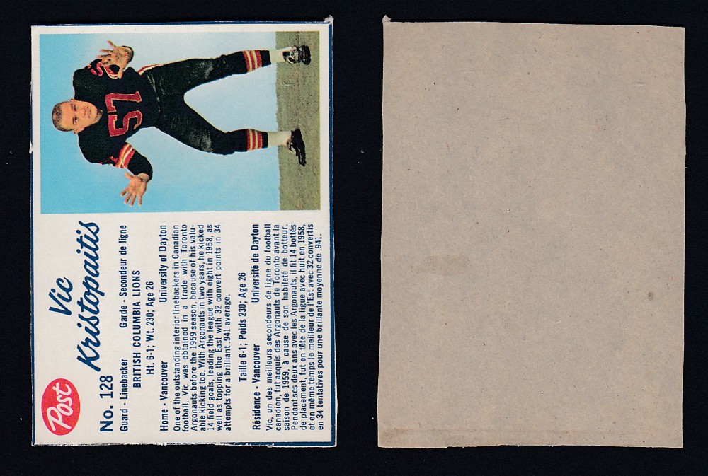 1962 CFL POST FOOTBALL CARD #128 V. KRISTOPAITIS photo 1962 CFL POST FOOTBALL CARD #128 V. KRISTOPAITIS photo