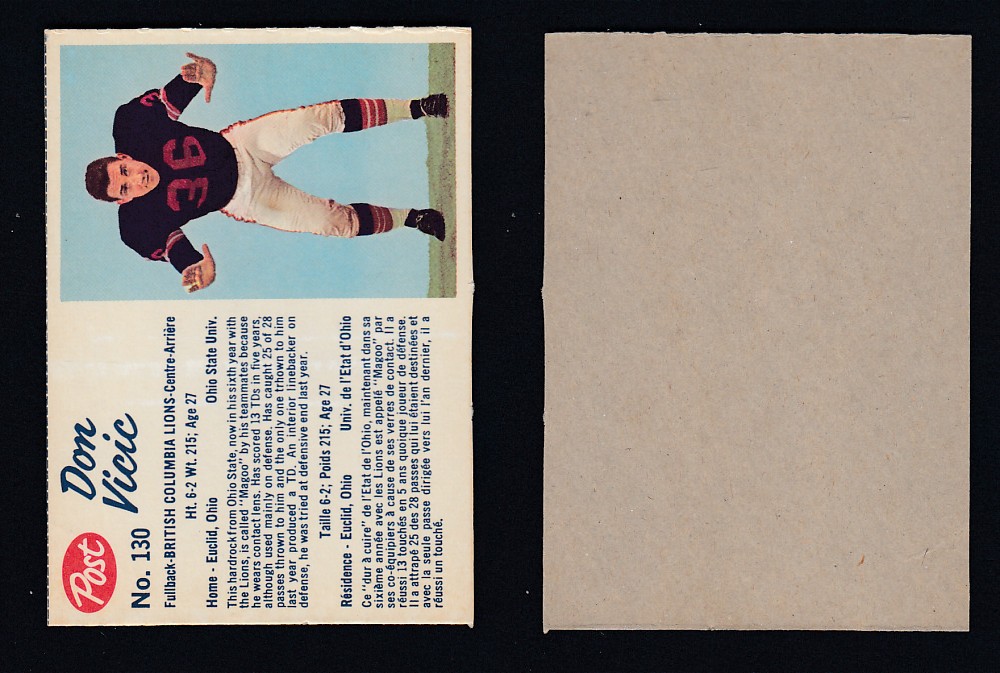1962 CFL POST FOOTBALL CARD #130 D. VICIC photo 1962 CFL POST FOOTBALL CARD #130 D. VICIC photo