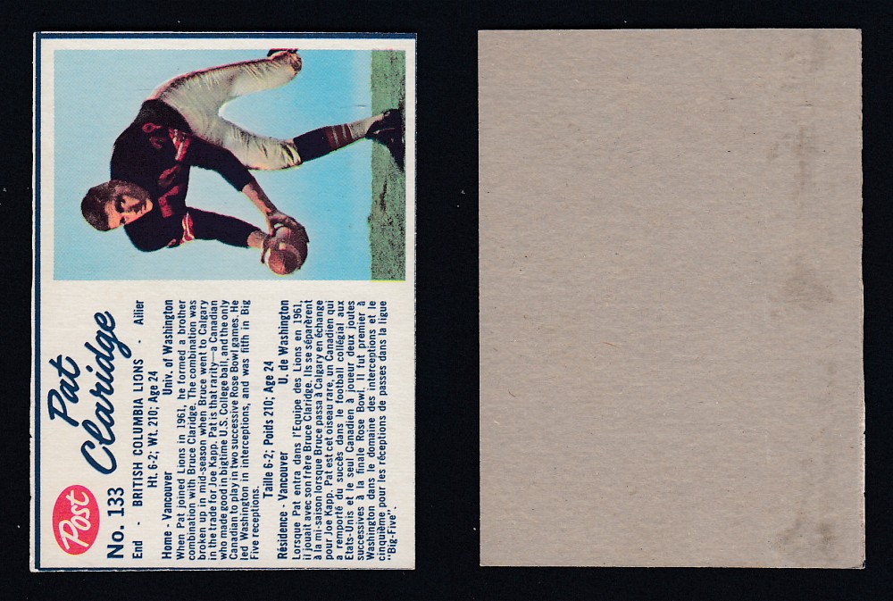 1962 CFL POST FOOTBALL CARD #133 P. CLARIDGE photo 1962 CFL POST FOOTBALL CARD #133 P. CLARIDGE photo