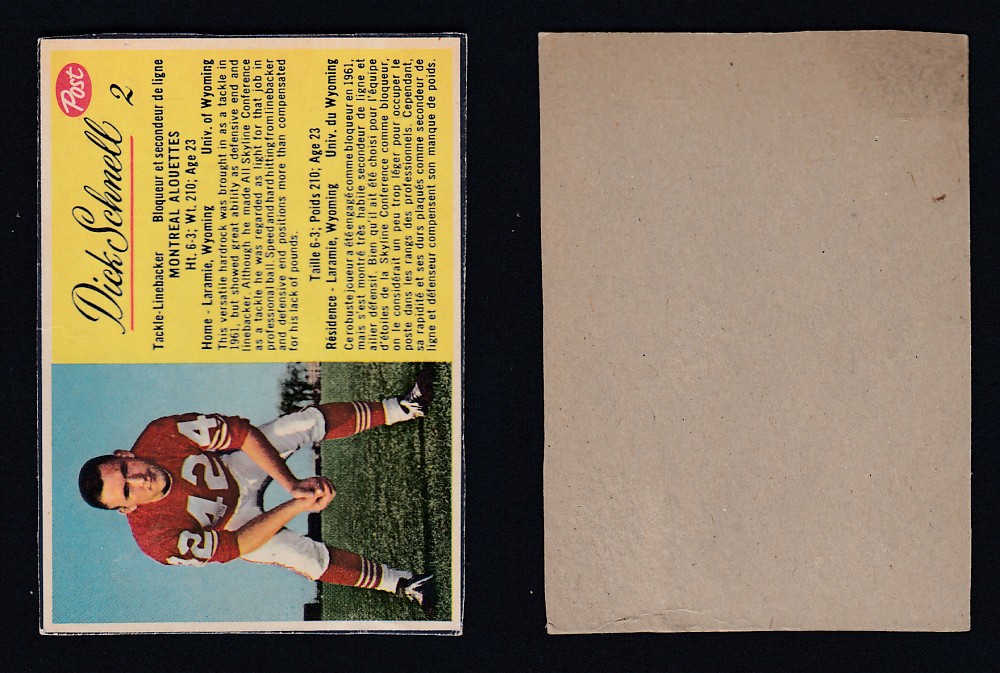 1963 CFL POST FOOTBALL CARD #2 D. SCHNELL photo 1963 CFL POST FOOTBALL CARD #2 D. SCHNELL photo