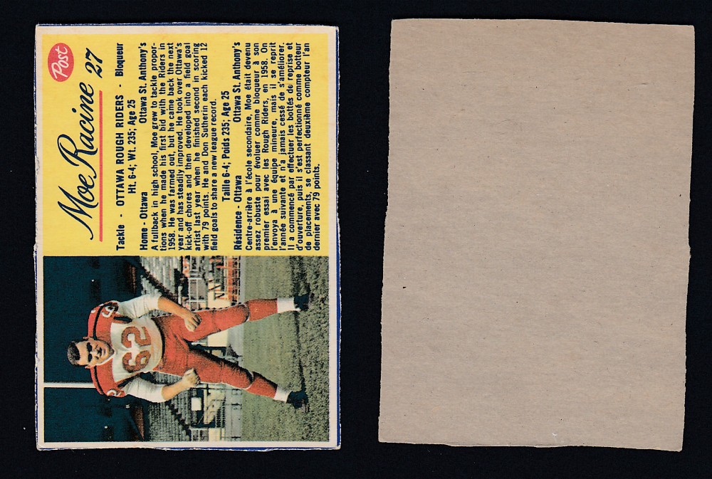 1963 CFL POST FOOTBALL CARD #27 M. RACINE photo 1963 CFL POST FOOTBALL CARD #27 M. RACINE photo