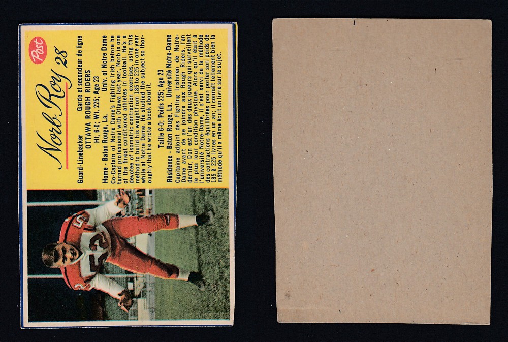 1963 CFL POST FOOTBALL CARD #28 N. ROY photo 1963 CFL POST FOOTBALL CARD #28 N. ROY photo