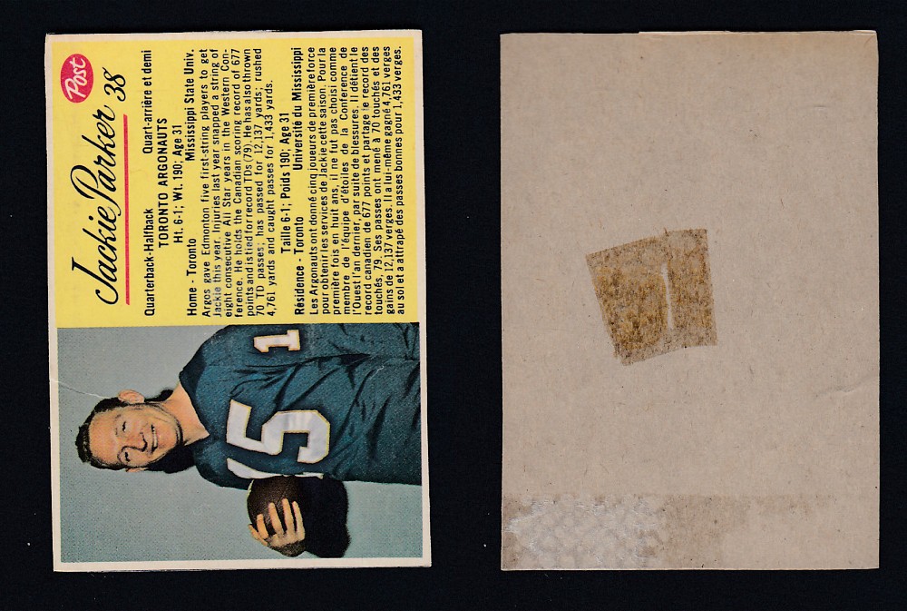 1963 CFL POST FOOTBALL CARD #38 J. PARKER photo 1963 CFL POST FOOTBALL CARD #38 J. PARKER photo
