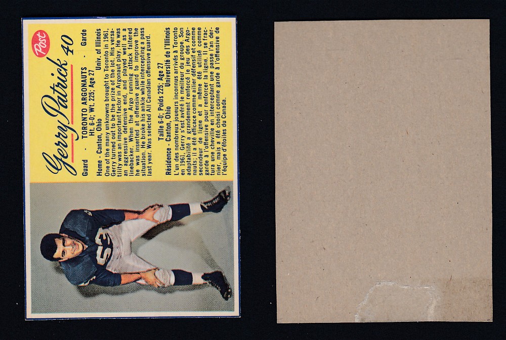 1963 CFL POST FOOTBALL CARD #40 G. PATRICK photo 1963 CFL POST FOOTBALL CARD #40 G. PATRICK photo