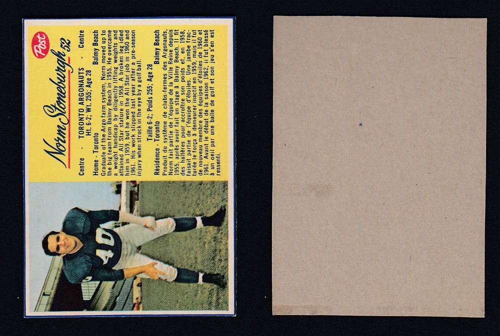 1963 CFL POST FOOTBALL CARD #52 N. STONEBURGH photo 1963 CFL POST FOOTBALL CARD #52 N. STONEBURGH photo