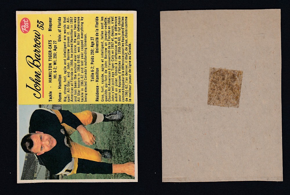1963 CFL POST FOOTBALL CARD #55 J. BARROW photo 1963 CFL POST FOOTBALL CARD #55 J. BARROW photo