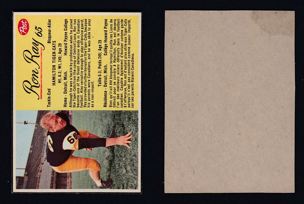 1963 CFL POST FOOTBALL CARD #65 R. RAY photo 1963 CFL POST FOOTBALL CARD #65 R. RAY photo
