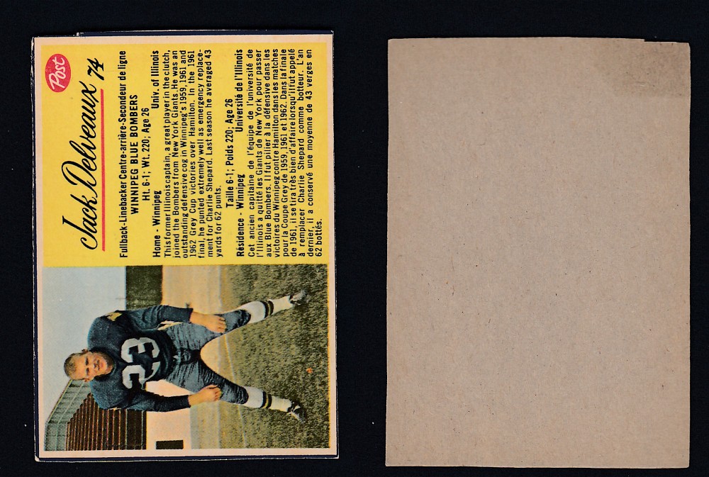 1963 CFL POST FOOTBALL CARD #74 J. DELVEAUX photo 1963 CFL POST FOOTBALL CARD #74 J. DELVEAUX photo