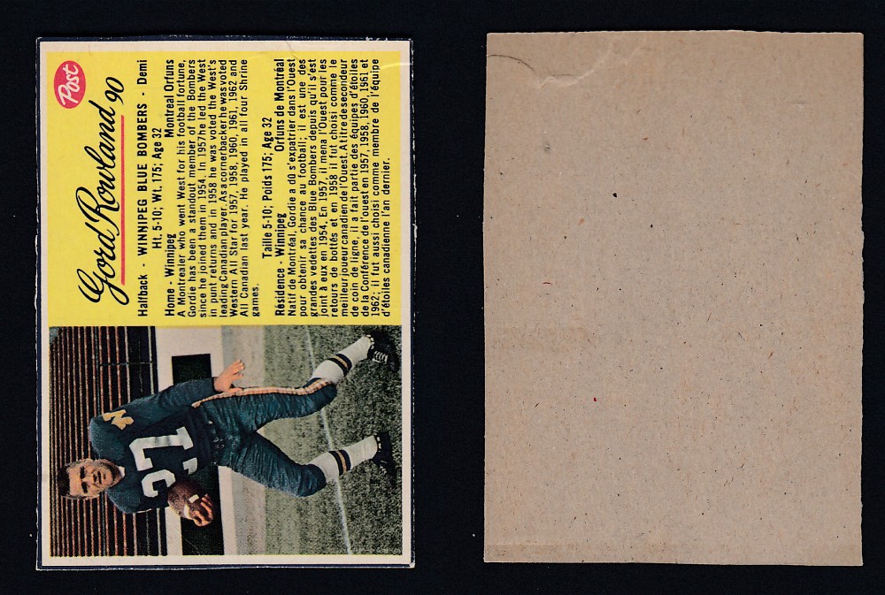 1963 CFL POST FOOTBALL CARD #90 G. ROWLAND photo 1963 CFL POST FOOTBALL CARD #90 G. ROWLAND photo