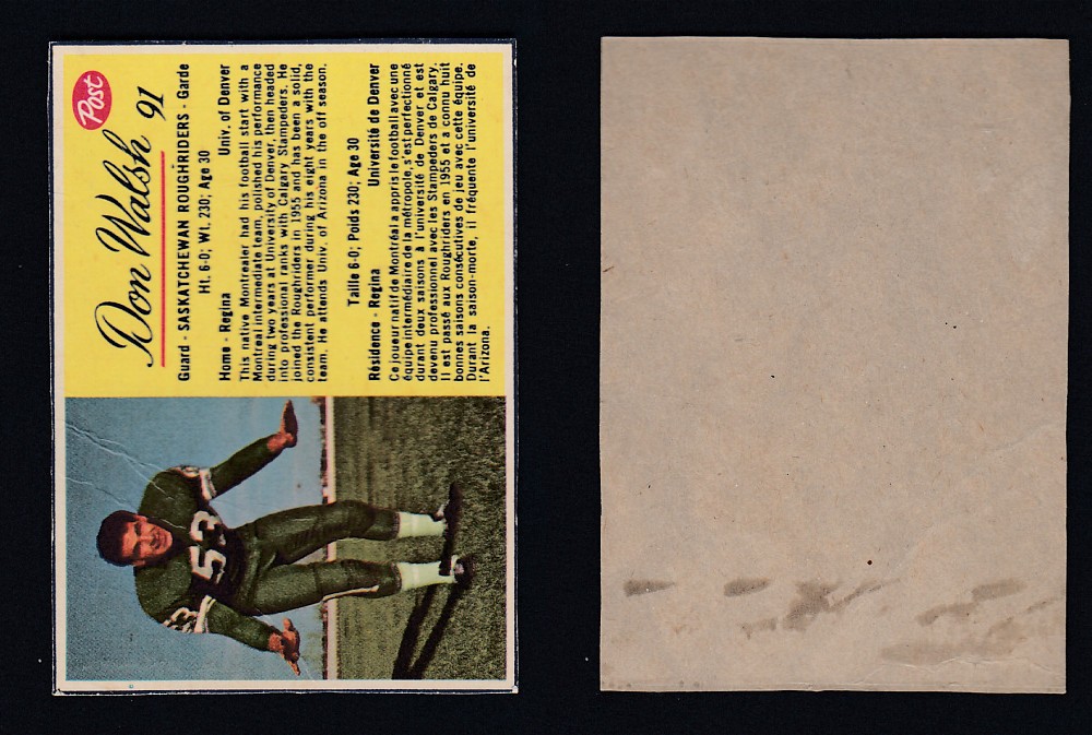 1963 CFL POST FOOTBALL CARD #91 D. WALSH photo 1963 CFL POST FOOTBALL CARD #91 D. WALSH photo