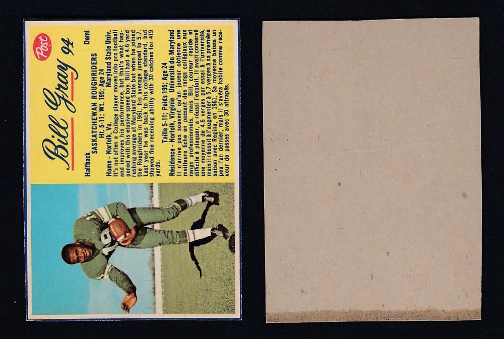 1963 CFL POST FOOTBALL CARD #94 B. GRAY photo 1963 CFL POST FOOTBALL CARD #94 B. GRAY photo