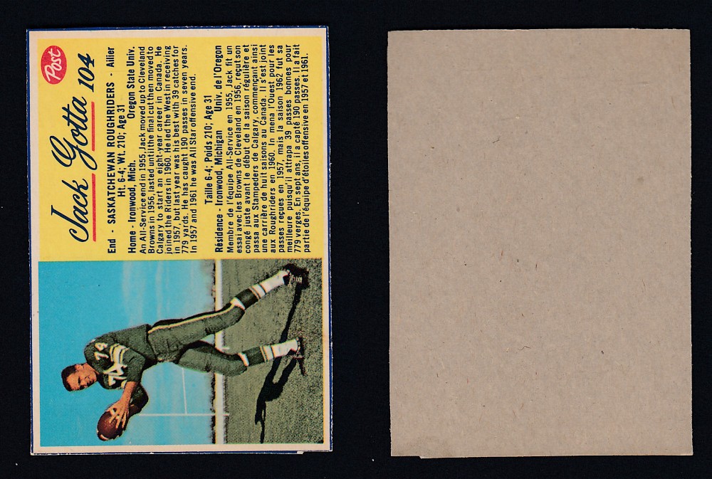 1963 CFL POST FOOTBALL CARD #104 J. GOTTA photo 1963 CFL POST FOOTBALL CARD #104 J. GOTTA photo