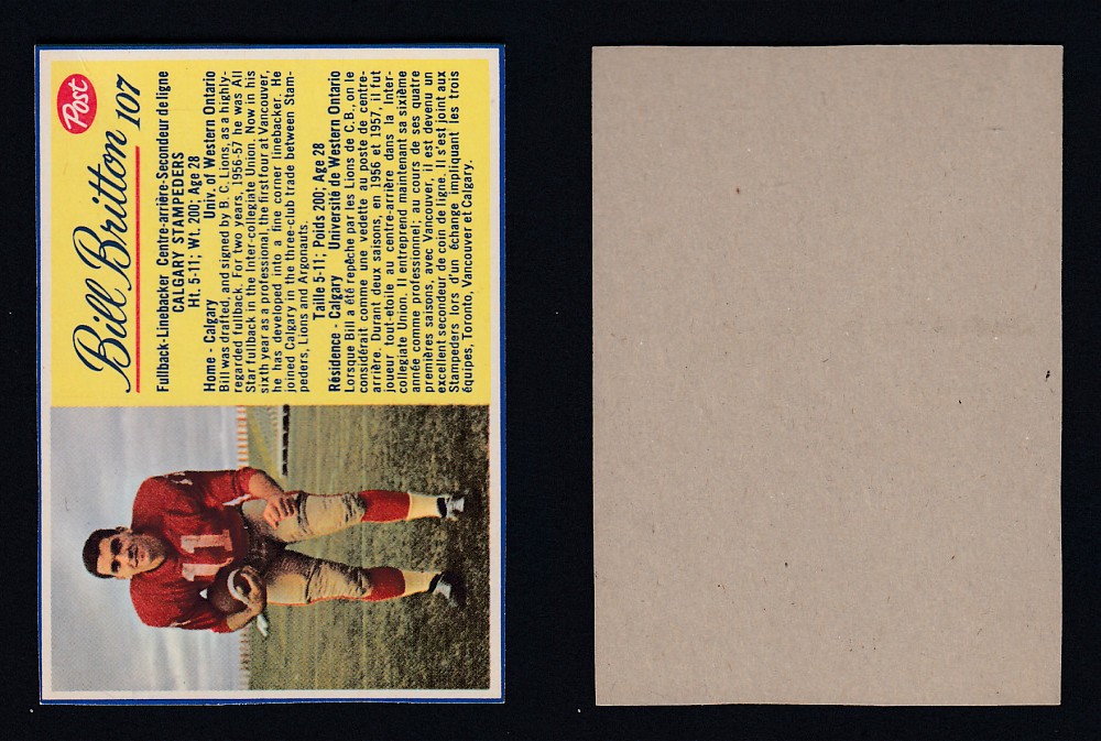 1963 CFL POST FOOTBALL CARD #107 B. BRITTON photo 1963 CFL POST FOOTBALL CARD #107 B. BRITTON photo