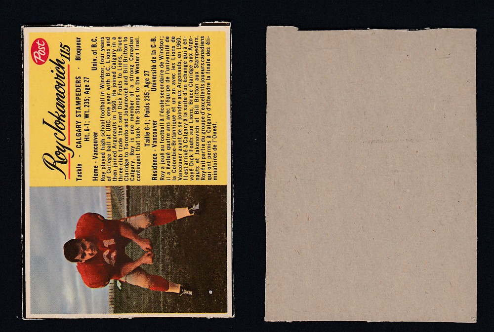 1963 CFL POST FOOTBALL CARD #115 R. JOKANOVICH photo 1963 CFL POST FOOTBALL CARD #115 R. JOKANOVICH photo