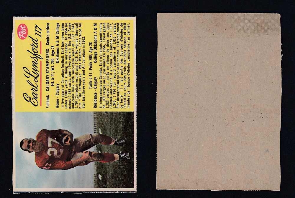 1963 CFL POST FOOTBALL CARD #117 E. LUNSFORD photo 1963 CFL POST FOOTBALL CARD #117 E. LUNSFORD photo