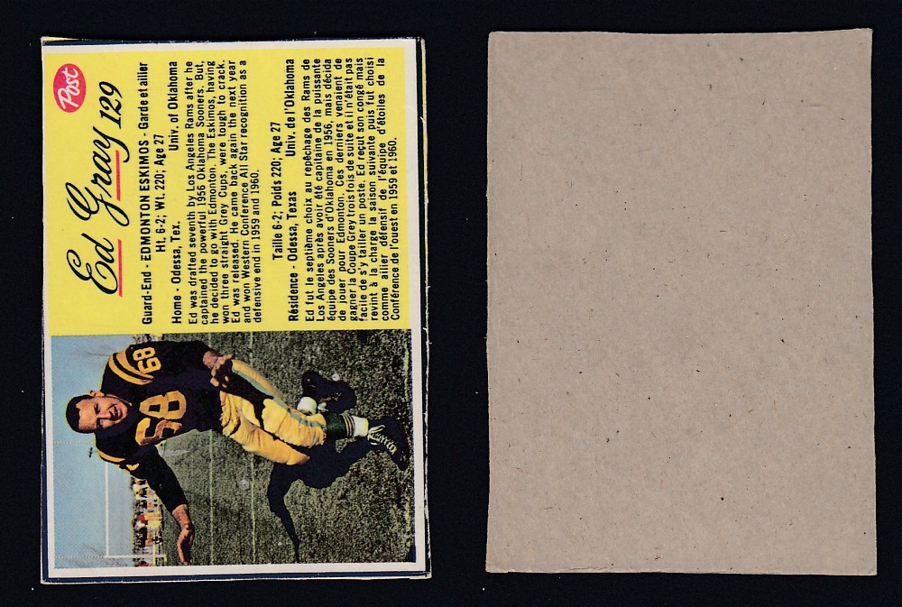 1963 CFL POST FOOTBALL CARD #129 E. GRAY photo 1963 CFL POST FOOTBALL CARD #129 E. GRAY photo
