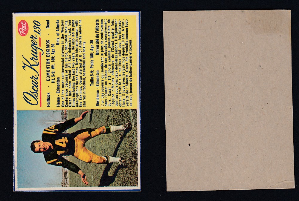 1963 CFL POST FOOTBALL CARD #130 O. KRUGER photo 1963 CFL POST FOOTBALL CARD #130 O. KRUGER photo