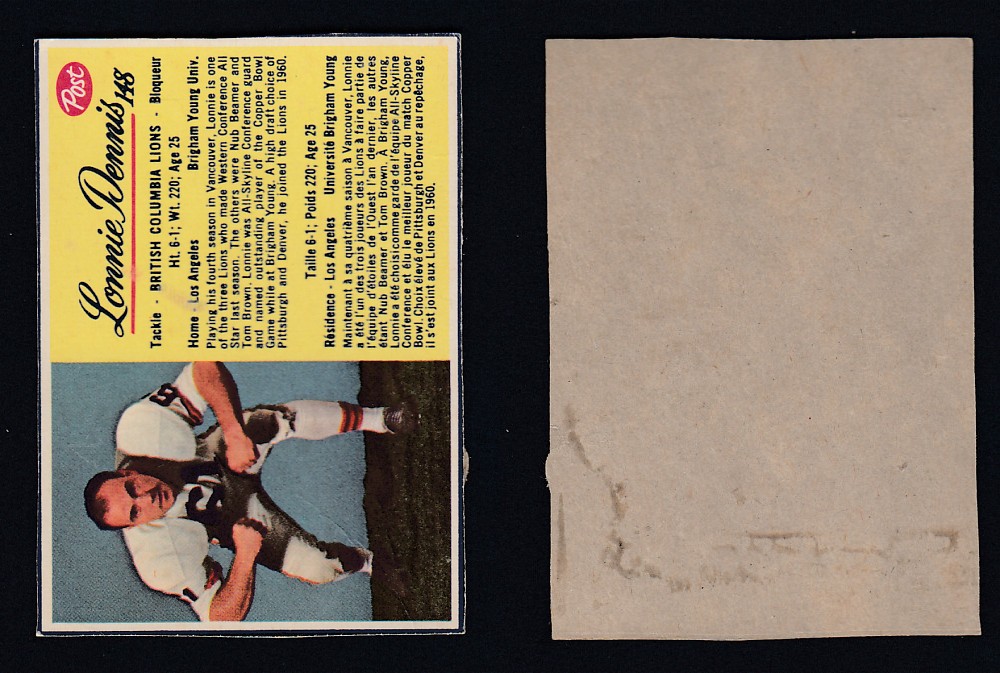 1963 CFL POST FOOTBALL CARD #148 L. DENNIS photo 1963 CFL POST FOOTBALL CARD #148 L. DENNIS photo