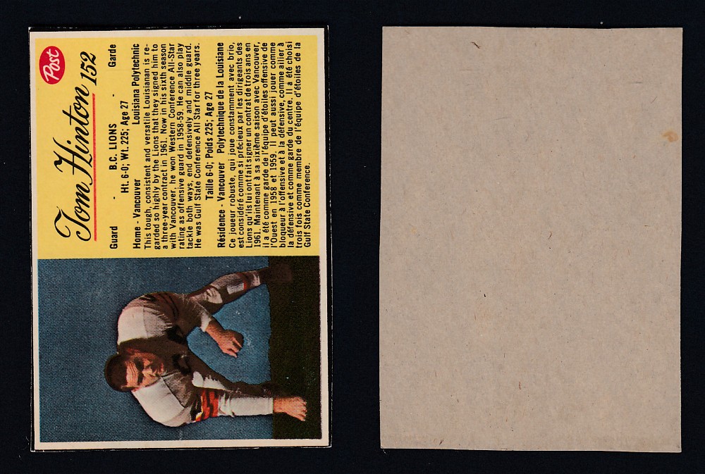 1963 CFL POST FOOTBALL CARD #152 T. HINTON photo 1963 CFL POST FOOTBALL CARD #152 T. HINTON photo