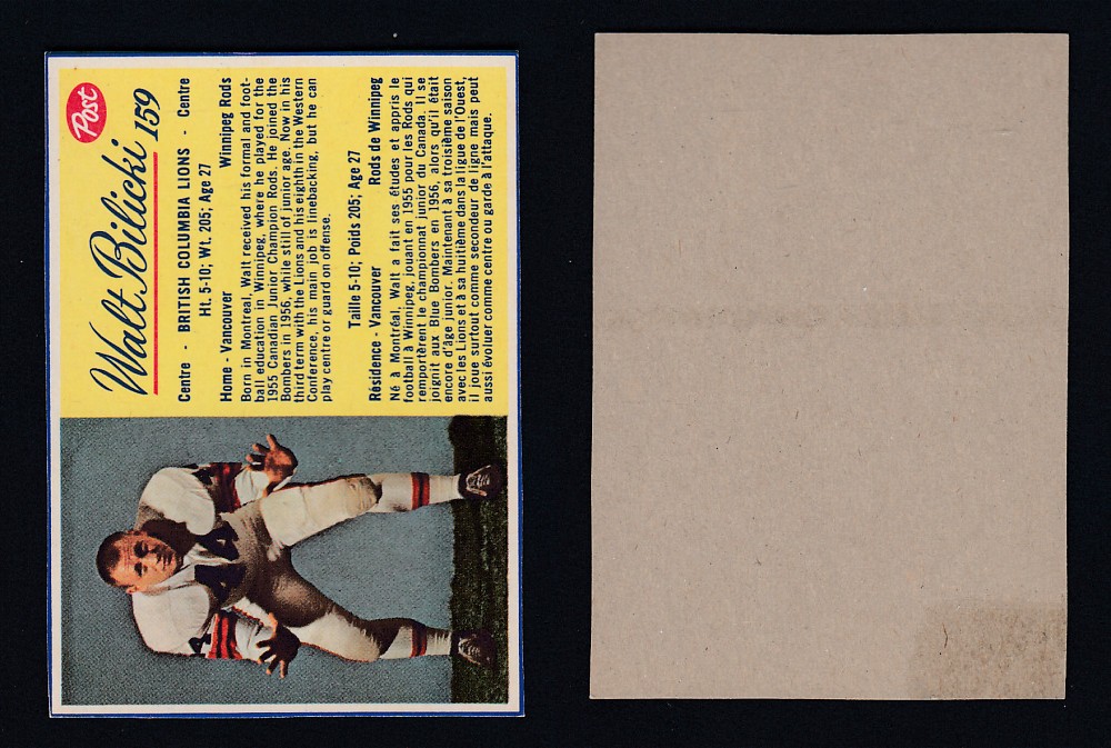 1963 CFL POST FOOTBALL CARD #159 W. BILICKI photo 1963 CFL POST FOOTBALL CARD #159 W. BILICKI photo