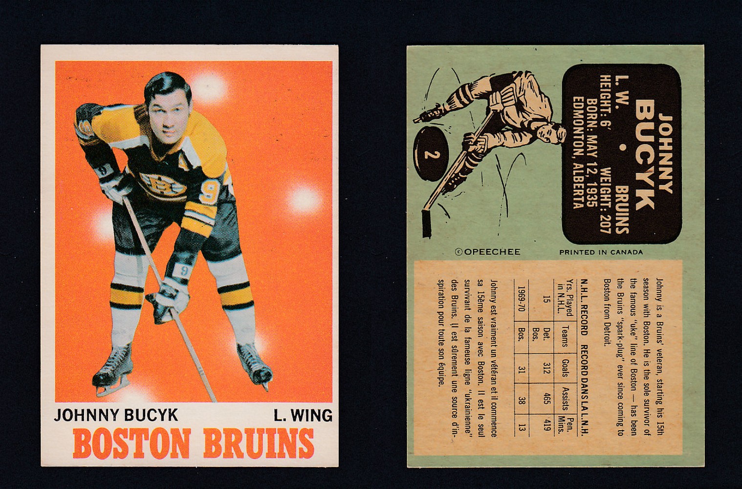 1970-71 O-PEE-CHEE HOCKEY CARD #2. J. BUCYK photo 1970-71 O-PEE-CHEE HOCKEY CARD #2. J. BUCYK photo