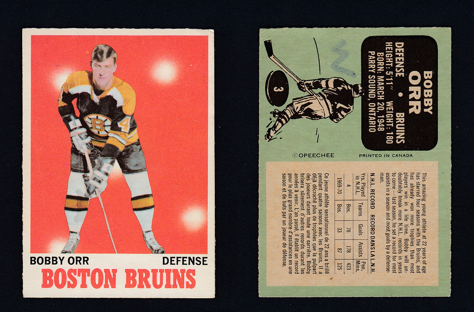 1970-71 O-PEE-CHEE HOCKEY CARD #3 B. ORR photo 1970-71 O-PEE-CHEE HOCKEY CARD #3 B. ORR photo