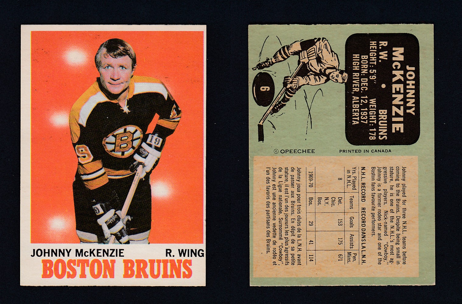1970-71 O-PEE-CHEE HOCKEY CARD #6 J. MCKENZIE photo 1970-71 O-PEE-CHEE HOCKEY CARD #6 J. MCKENZIE photo