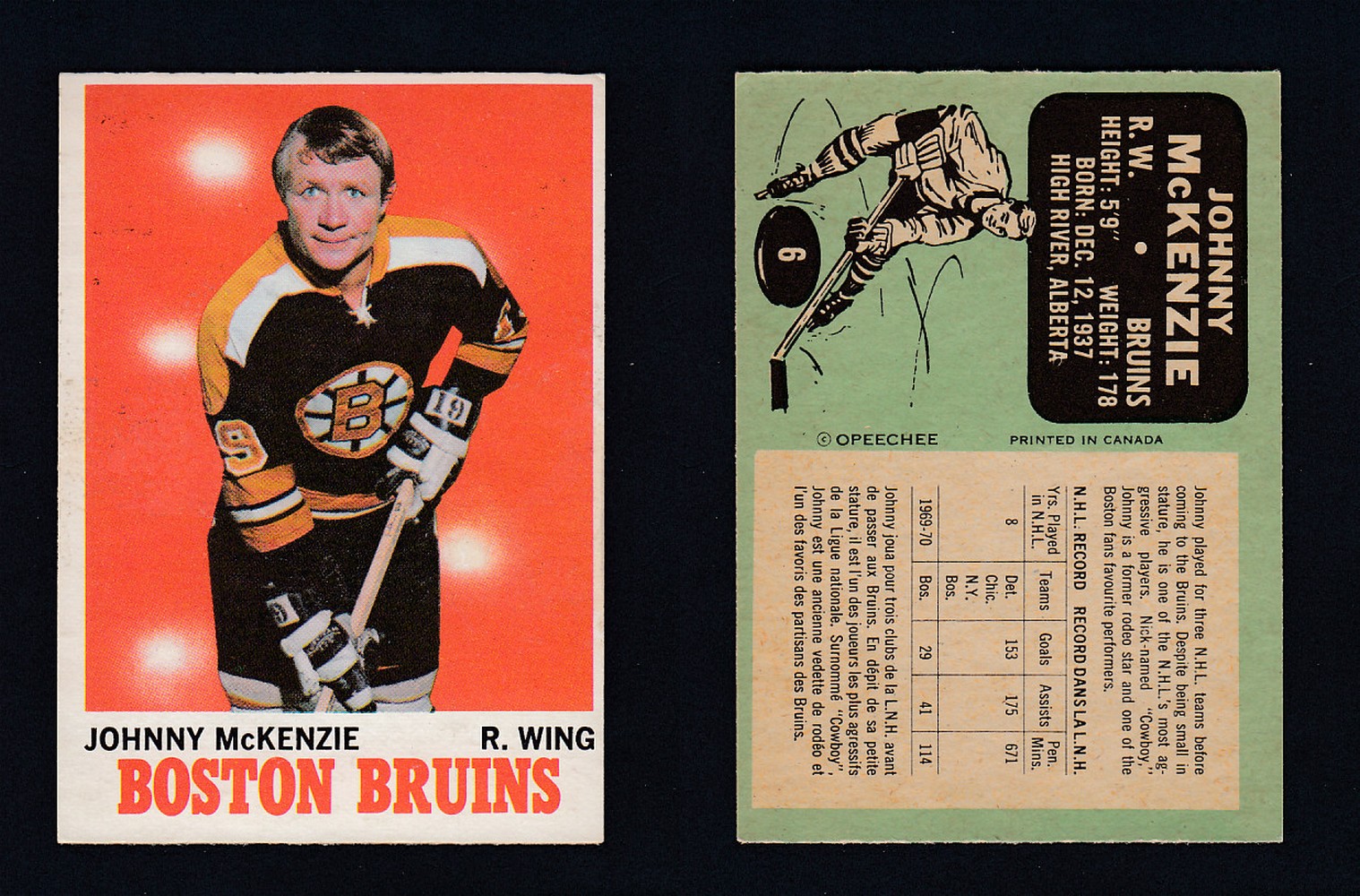 1970-71 O-PEE-CHEE HOCKEY CARD #6 J. MCKENZIE photo 1970-71 O-PEE-CHEE HOCKEY CARD #6 J. MCKENZIE photo